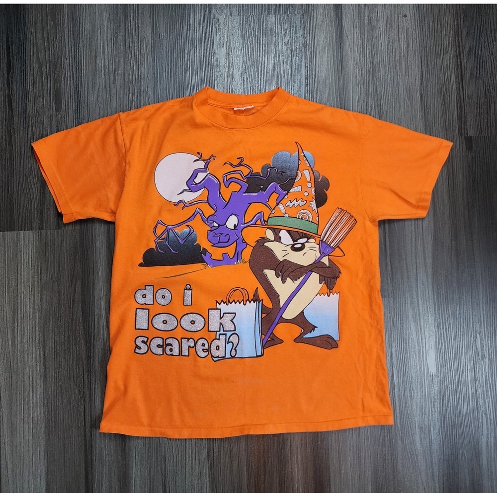 Vintage 90s 1998 Looney Tunes Taz Halloween T Shirt Medium Orange Cartoon